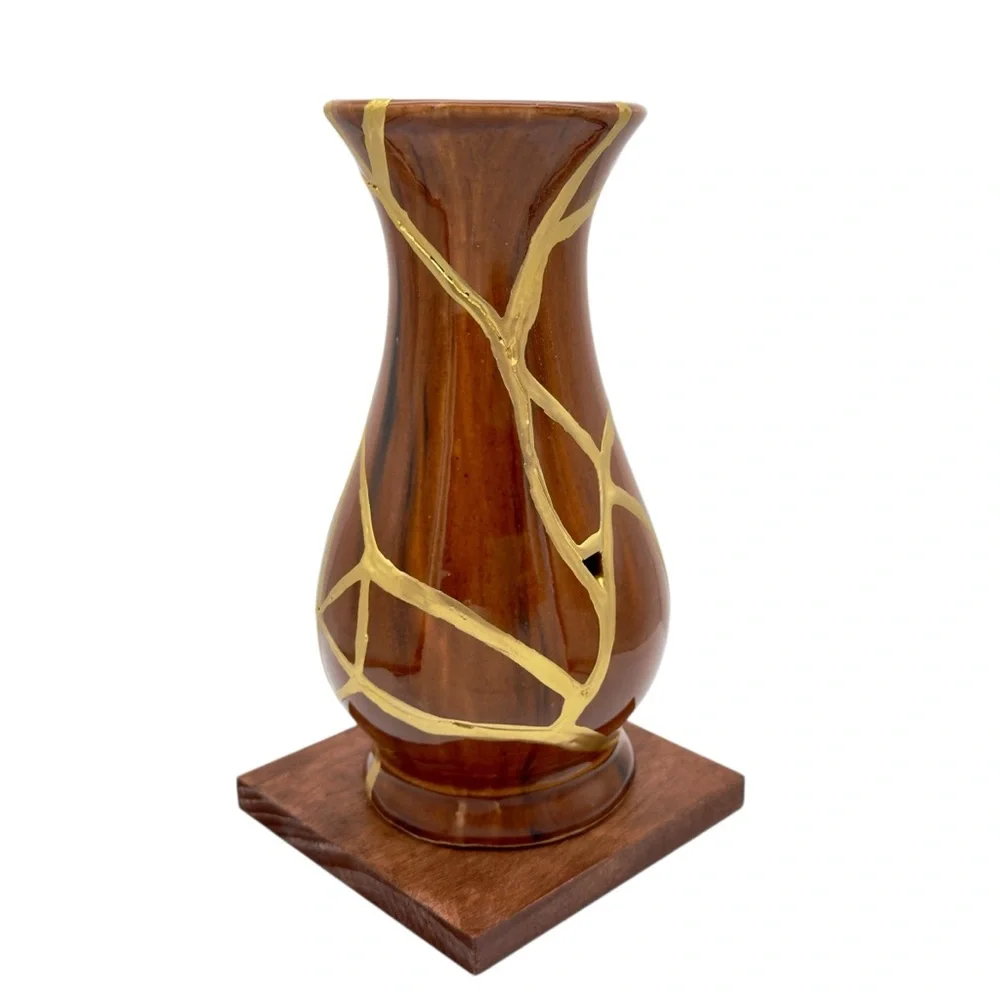 Kintsugi Vase Brown Glazed Pottery Gold Crack Art Anniversary Growth Gift - Picture 6 of 17